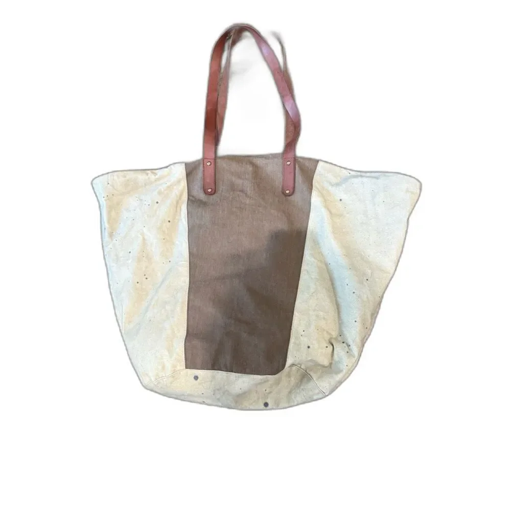 Free People Hideaway Tote Bag Canvas Leather Brown Beige Boho Oversized